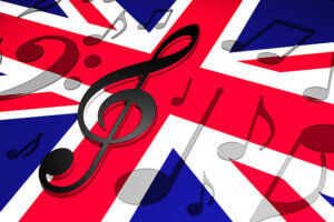 The Flag Of The Uk With Musical Symbols And Notes Over The Top In 3d.